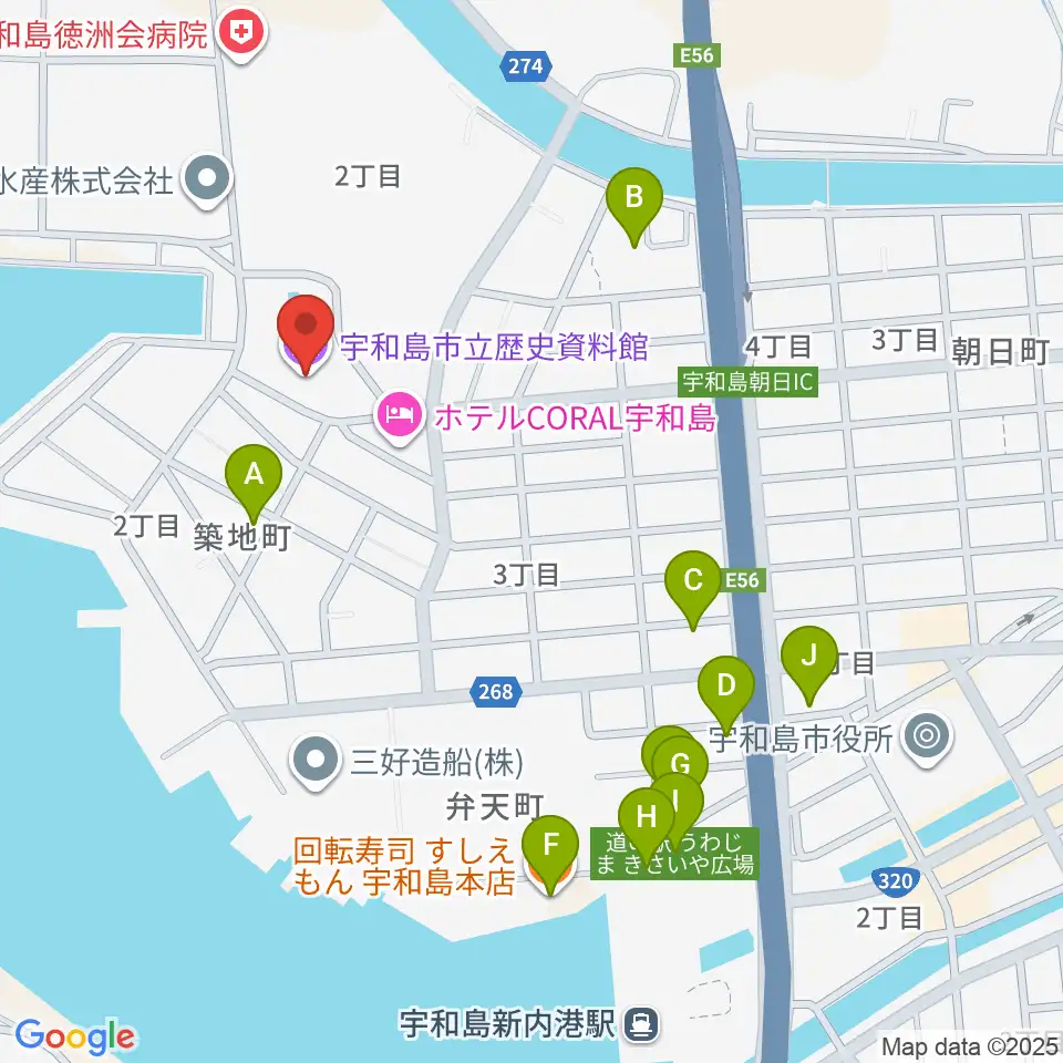 宇和島市立歴史資料館周辺のファミレス・ファーストフード一覧地図