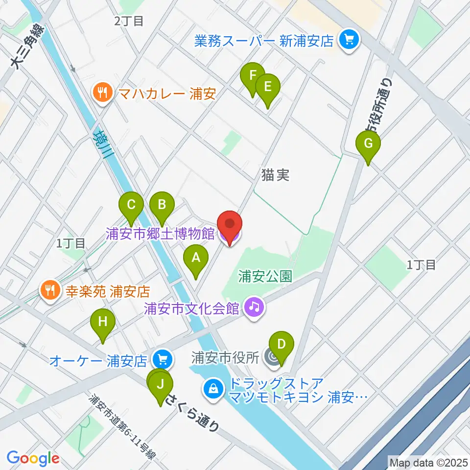 浦安市郷土博物館周辺のファミレス・ファーストフード一覧地図