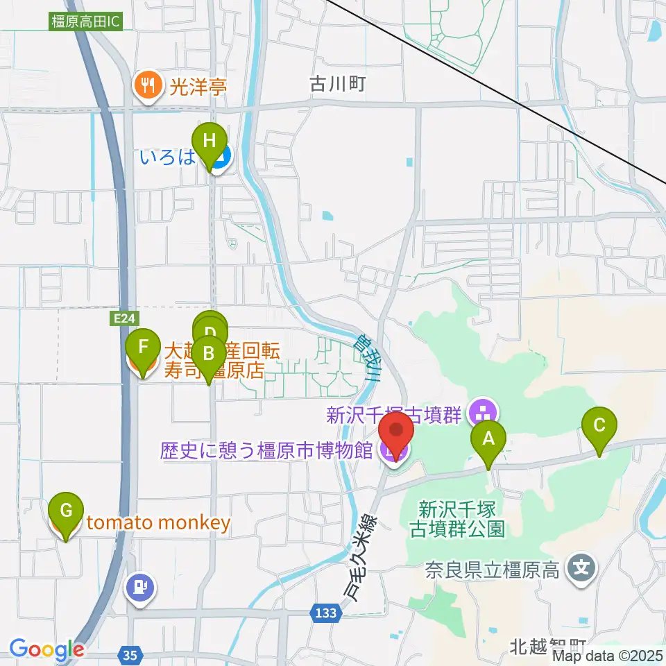 歴史に憩う橿原市博物館周辺のファミレス・ファーストフード一覧地図