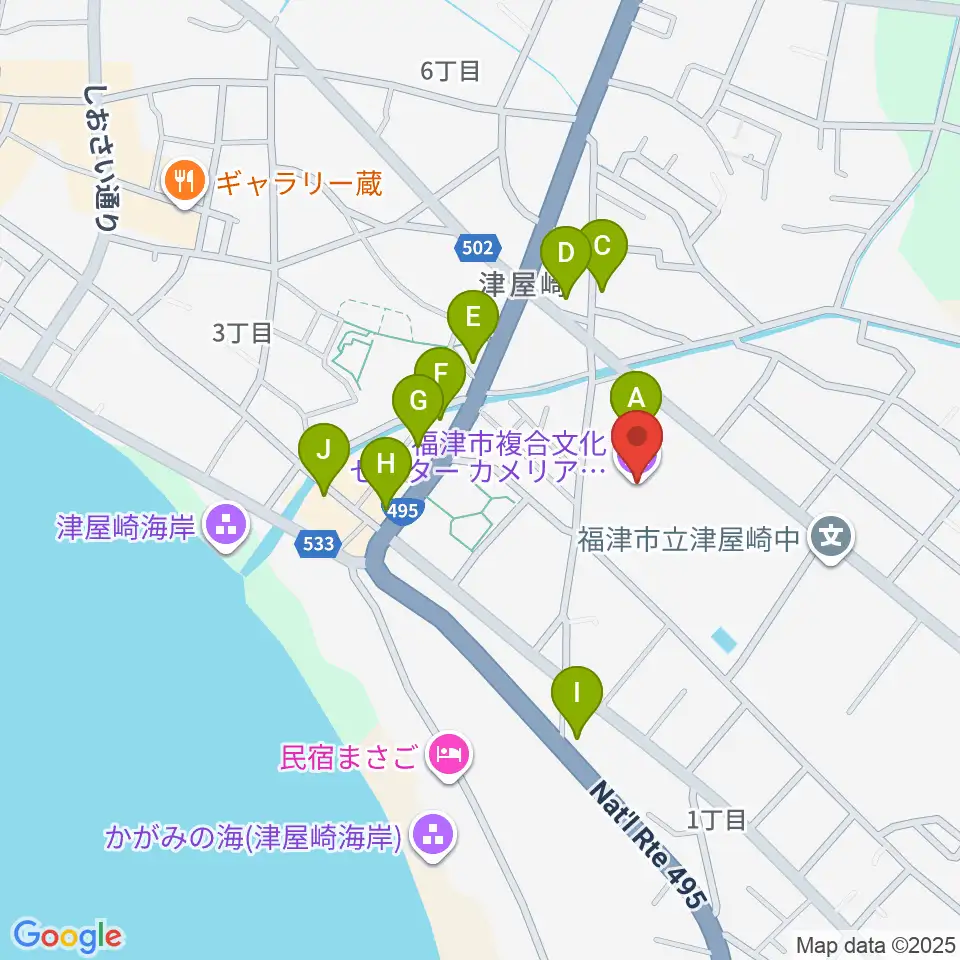 福津市カメリアステージ歴史資料館周辺のファミレス・ファーストフード一覧地図