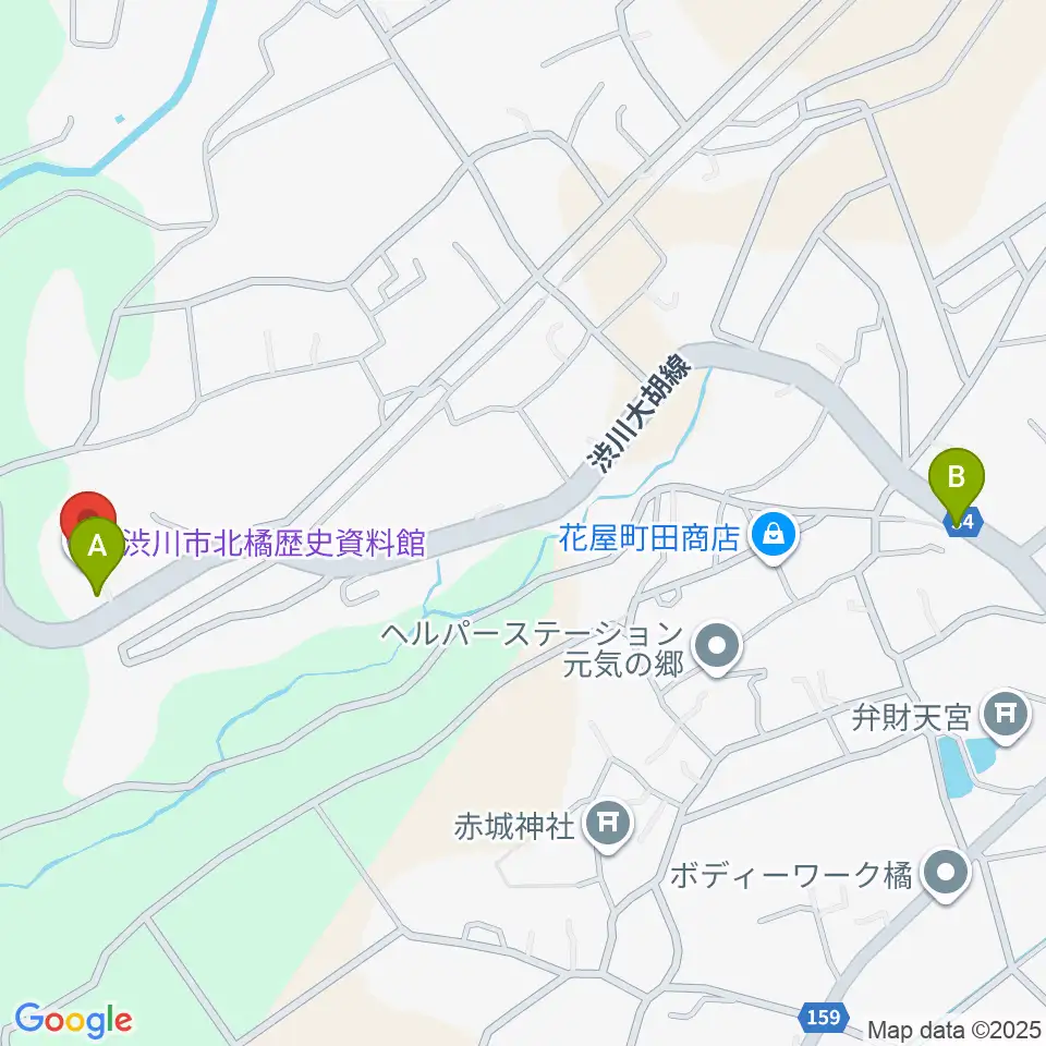 渋川市北橘歴史資料館周辺のファミレス・ファーストフード一覧地図