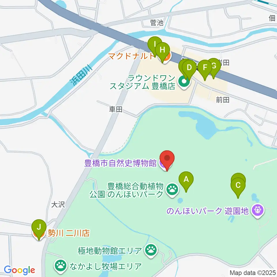 豊橋市自然史博物館周辺のファミレス・ファーストフード一覧地図