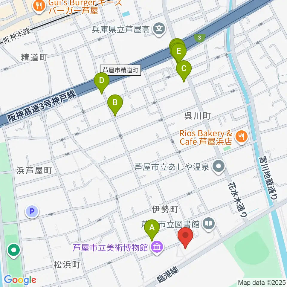 芦屋市谷崎潤一郎記念館周辺のファミレス・ファーストフード一覧地図