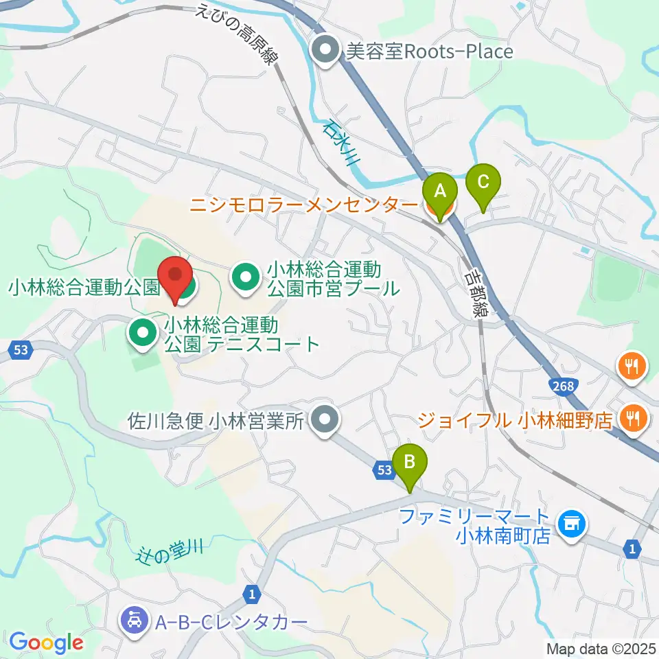 ひいらぎ陸上競技場周辺のファミレス・ファーストフード一覧地図