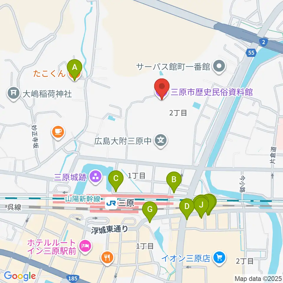 三原市歴史民俗資料館周辺のファミレス・ファーストフード一覧地図