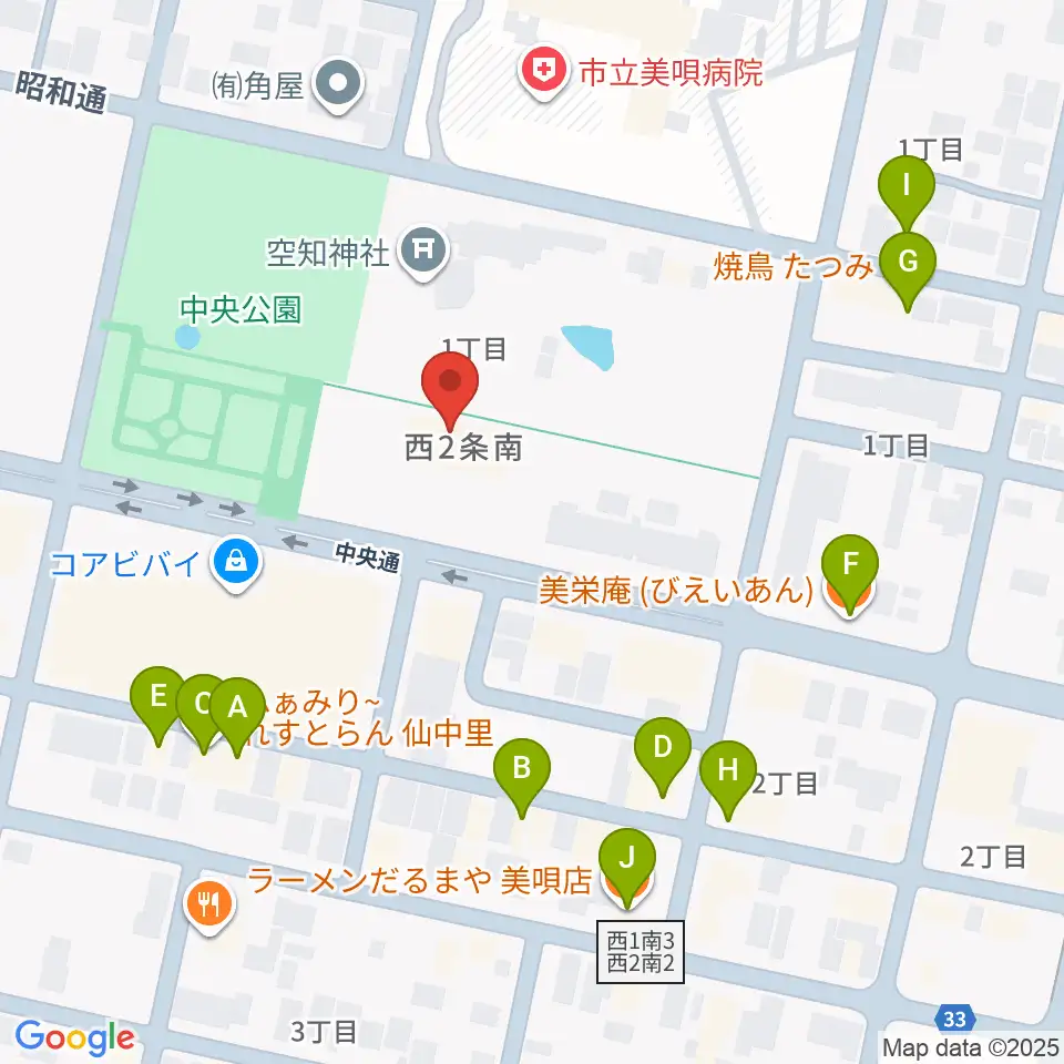 美唄市郷土史料館周辺のファミレス・ファーストフード一覧地図