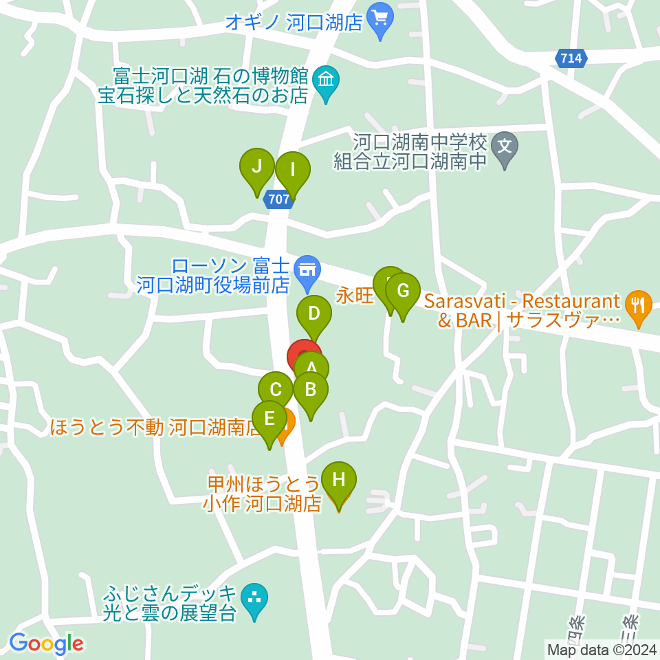 河口湖キャメロット周辺のファミレス・ファーストフード一覧地図