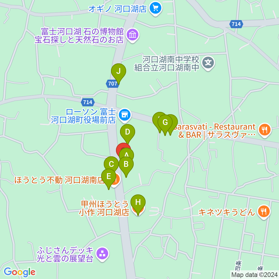 河口湖キャメロット周辺のファミレス・ファーストフード一覧地図