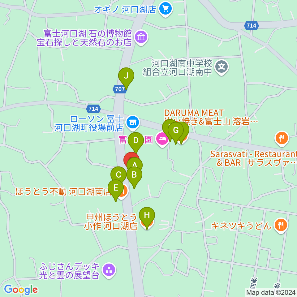 河口湖キャメロット周辺のファミレス・ファーストフード一覧地図