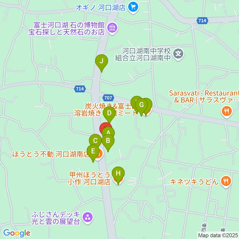 河口湖キャメロット周辺のファミレス・ファーストフード一覧地図
