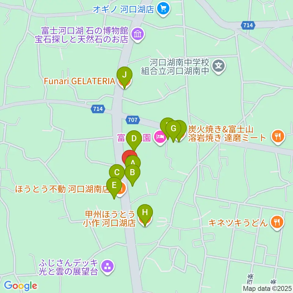 河口湖キャメロット周辺のファミレス・ファーストフード一覧地図