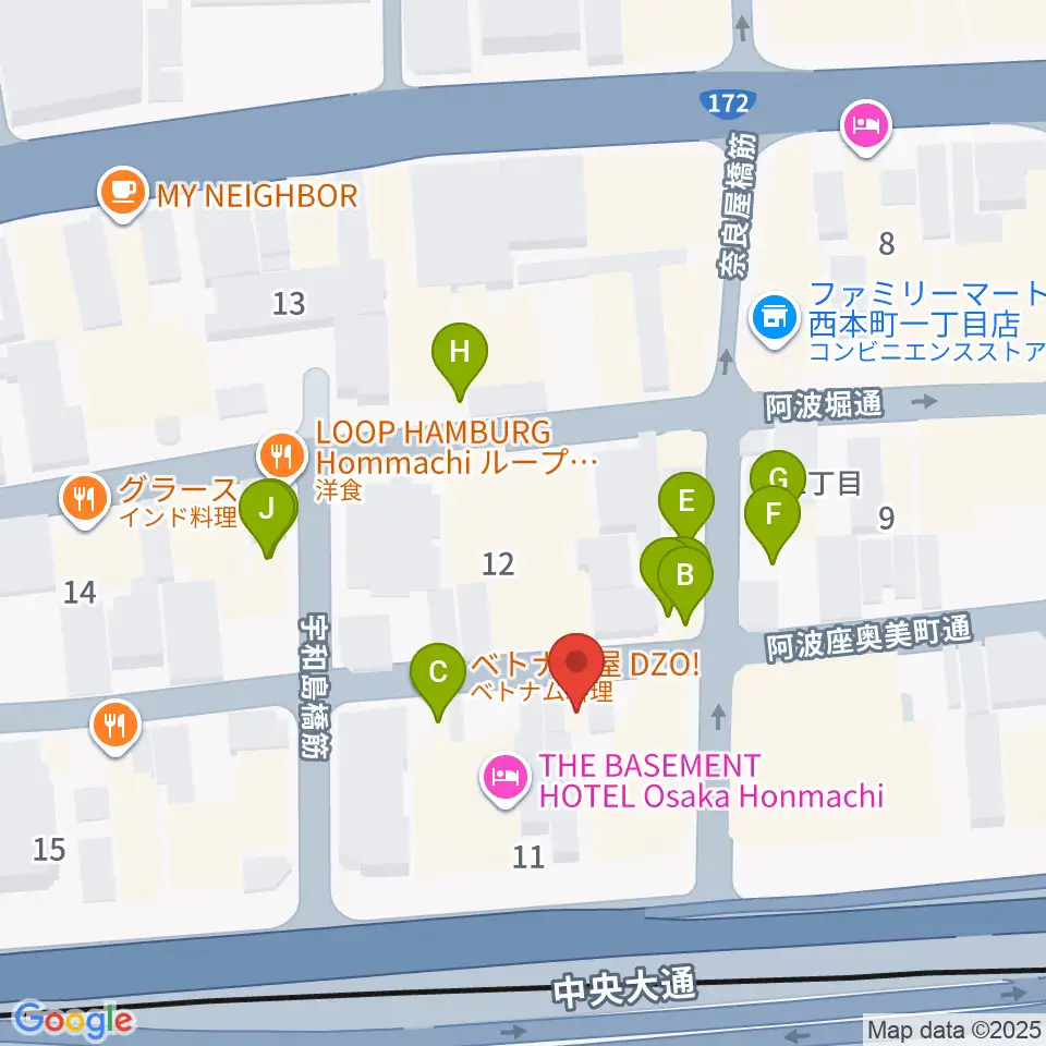 本町スタジオキューブ周辺のファミレス・ファーストフード一覧地図