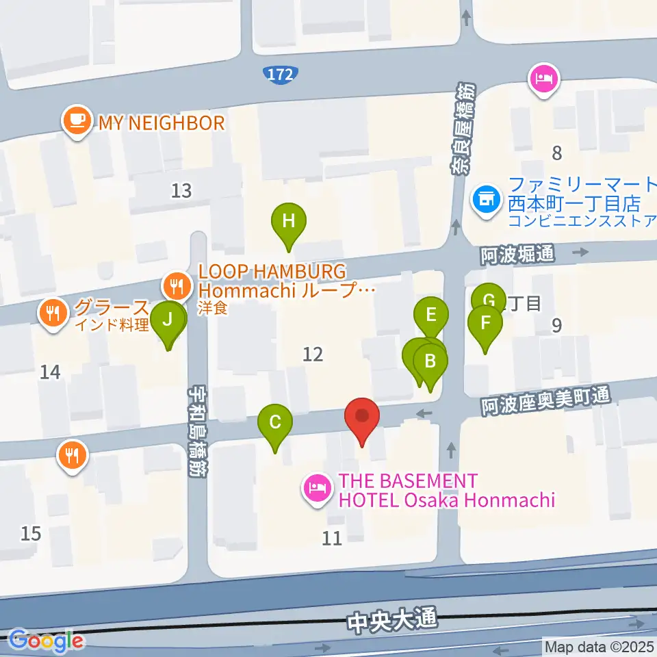 本町スタジオキューブ周辺のファミレス・ファーストフード一覧地図