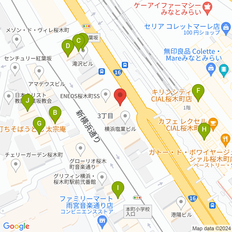 ヨコハマセーラスタジオ周辺のファミレス・ファーストフード一覧地図