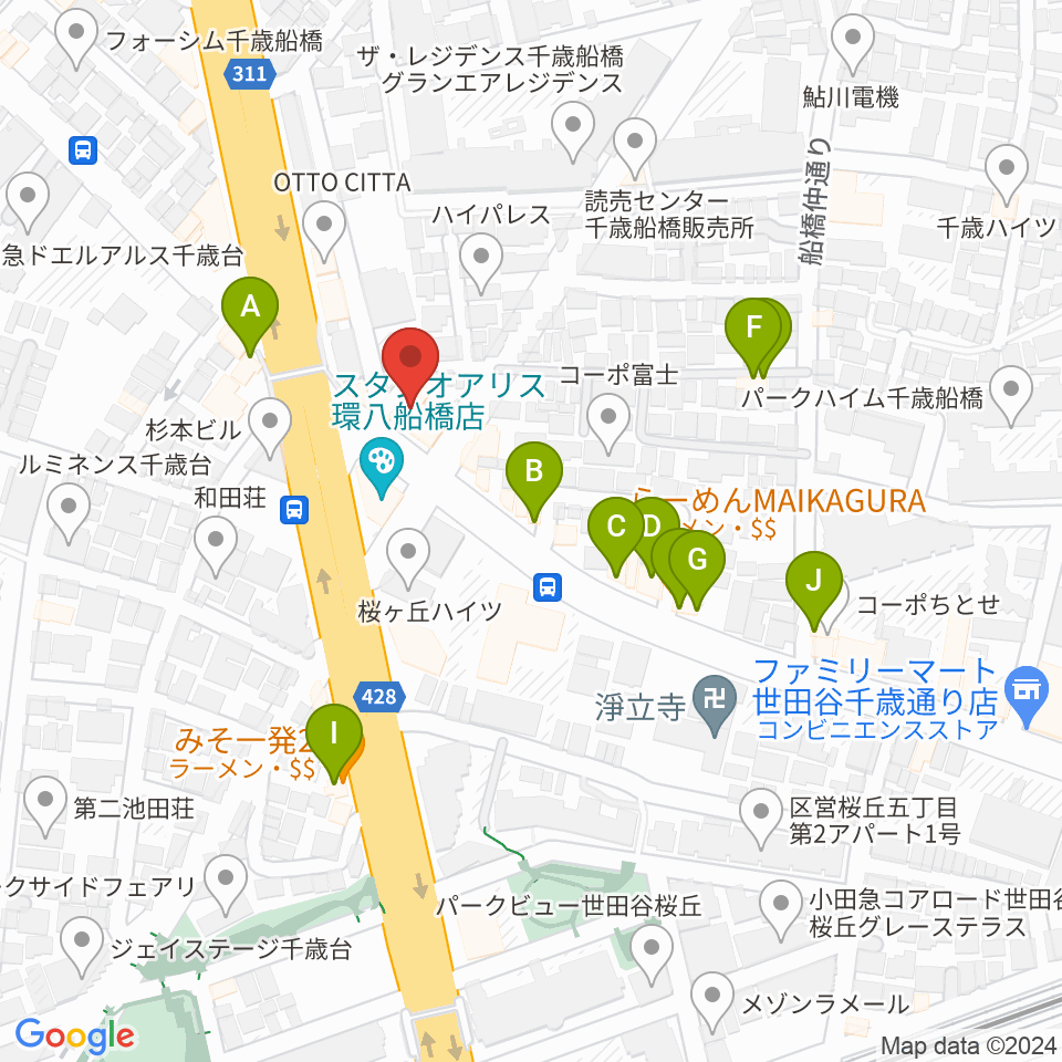 スターウッズ・レコーディングスタジオ周辺のファミレス・ファーストフード一覧地図