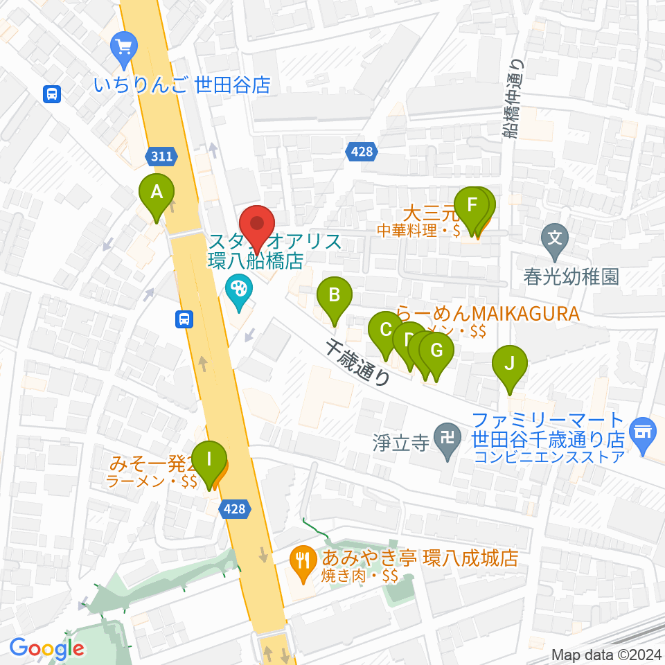 スターウッズ・レコーディングスタジオ周辺のファミレス・ファーストフード一覧地図