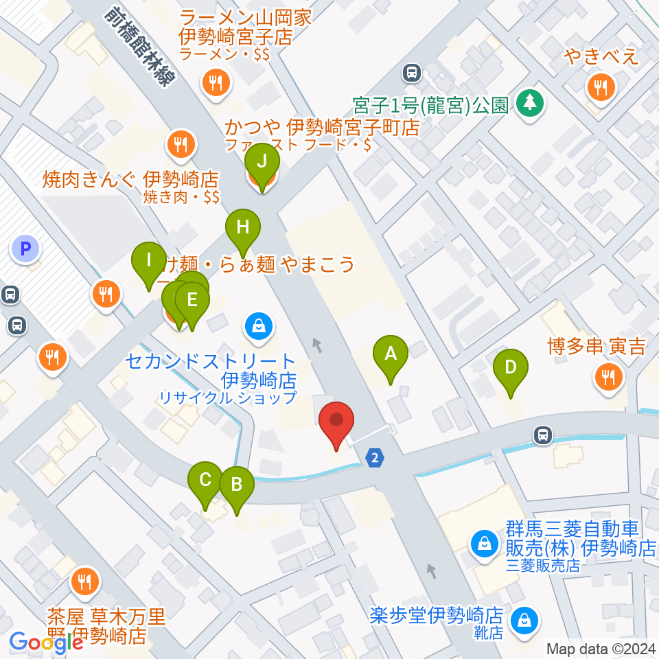 ピアノプラザ群馬 いせさき店周辺のファミレス・ファーストフード一覧地図