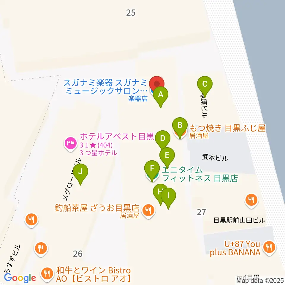 スガナミミュージックサロン目黒周辺のファミレス・ファーストフード一覧地図