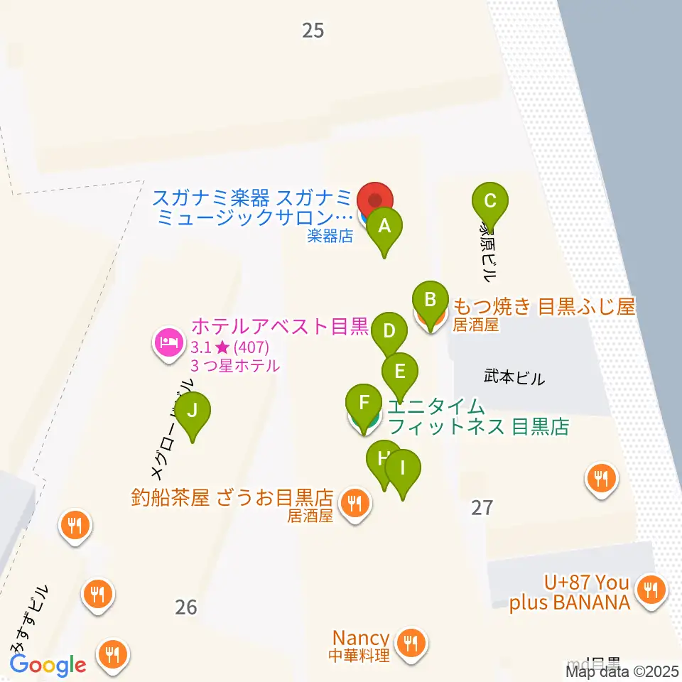 スガナミミュージックサロン目黒周辺のファミレス・ファーストフード一覧地図