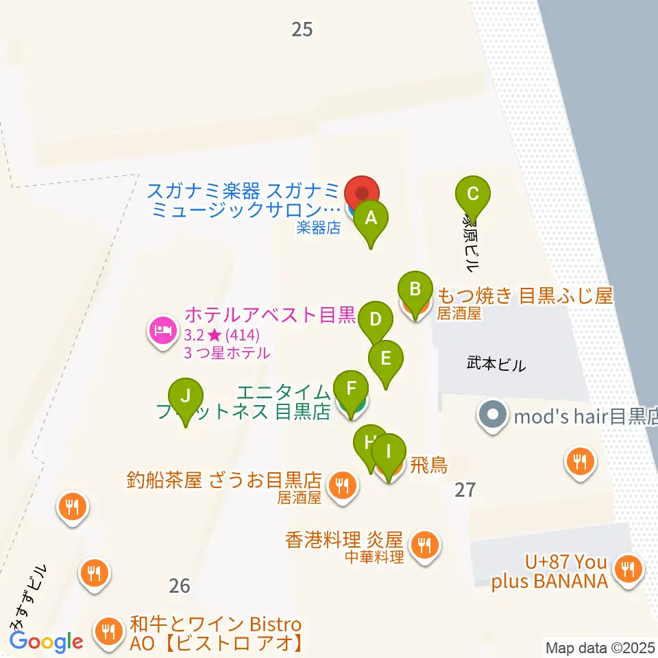 スガナミミュージックサロン目黒周辺のファミレス・ファーストフード一覧地図