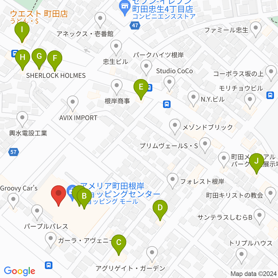 スガナミ楽器 町田根岸センター周辺のファミレス・ファーストフード一覧地図