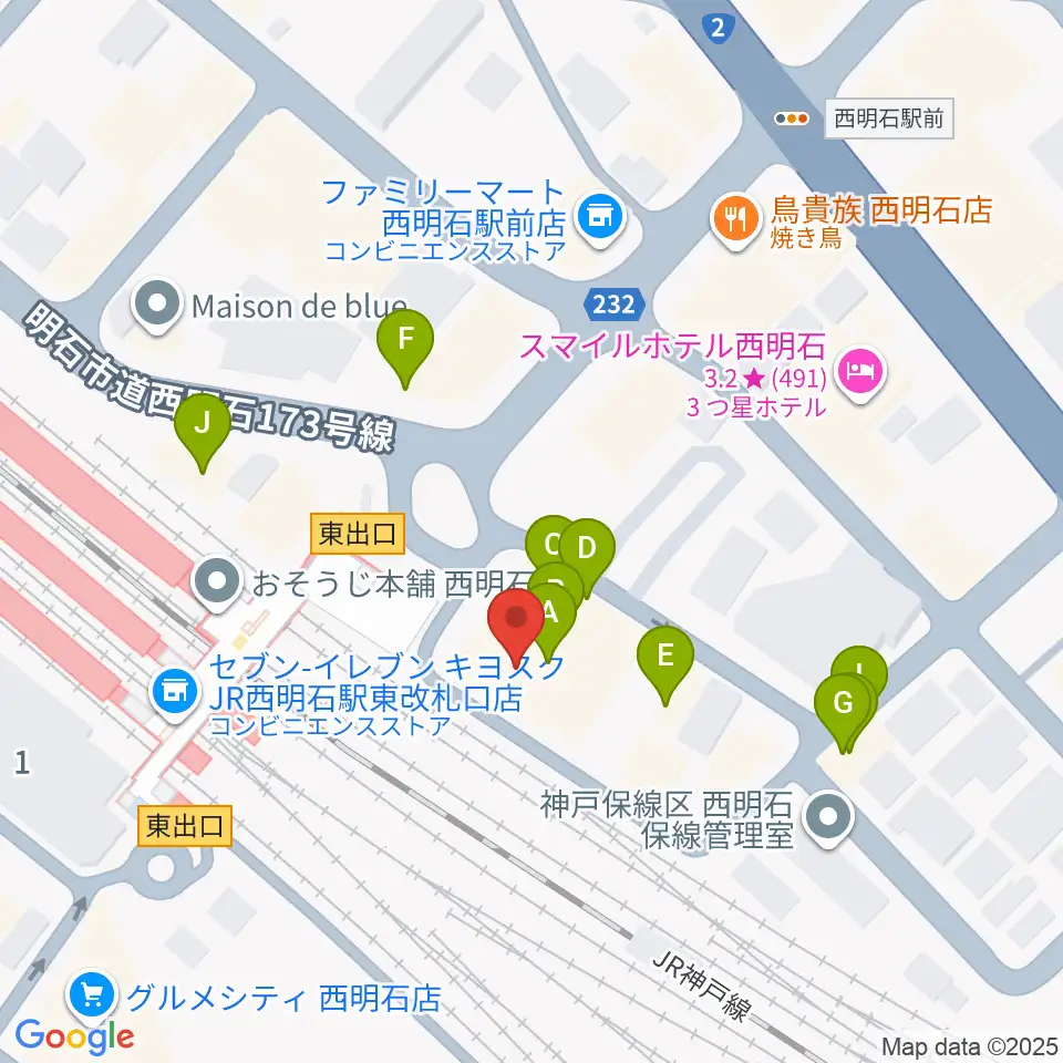 スガナミ楽器 西明石ミュージックセンター周辺のファミレス・ファーストフード一覧地図