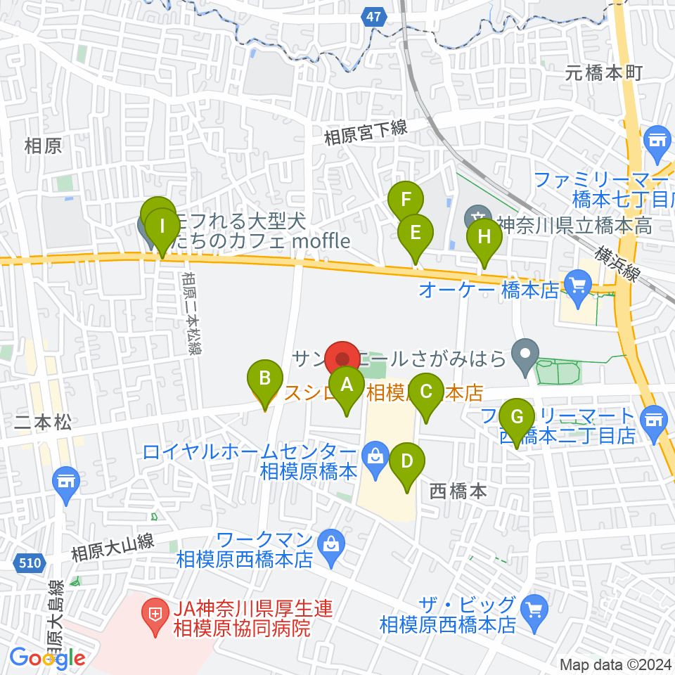 スガナミ楽器 西橋本センター周辺のファミレス・ファーストフード一覧地図