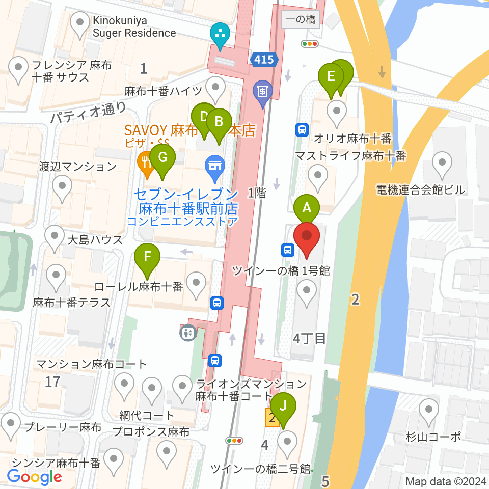 スガナミ楽器 麻布センター周辺のファミレス・ファーストフード一覧地図