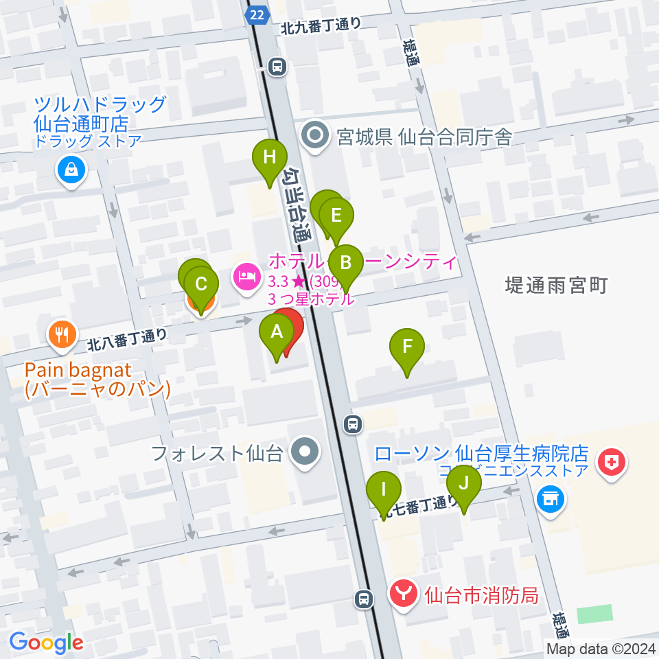 ラフォーレギター教室周辺のファミレス・ファーストフード一覧地図