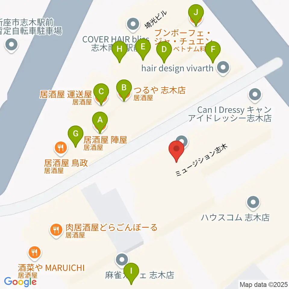 志木駅前 森音楽教室周辺のファミレス・ファーストフード一覧地図