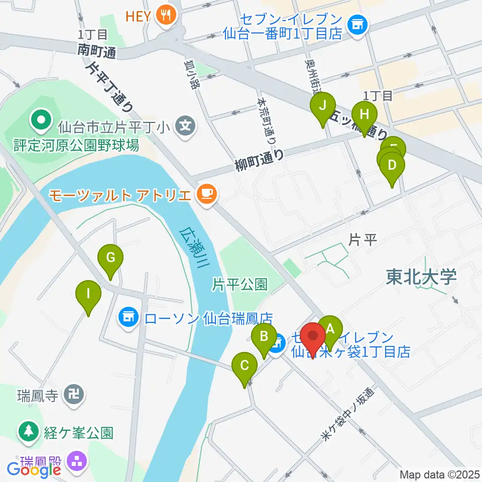 仙台ギター教室 米ヶ袋教室周辺のファミレス・ファーストフード一覧地図