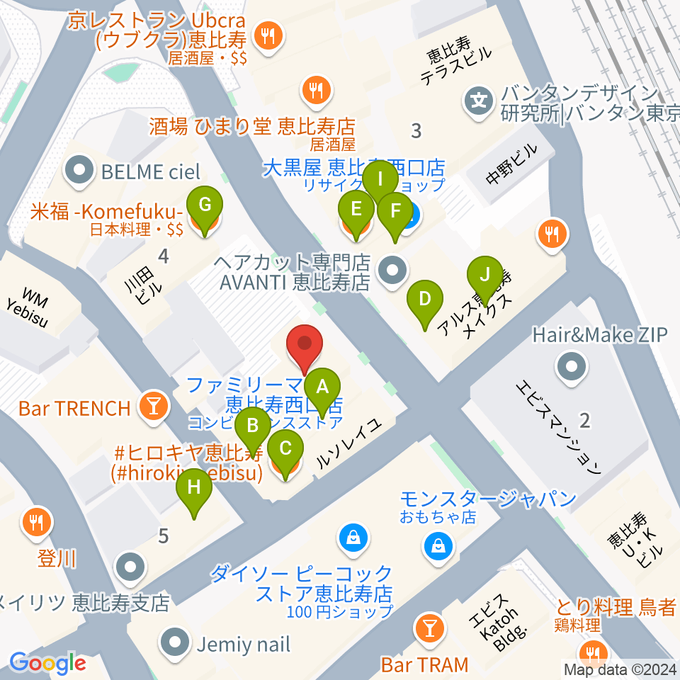 恵比寿ガウディボーカルスクール周辺のファミレス・ファーストフード一覧地図