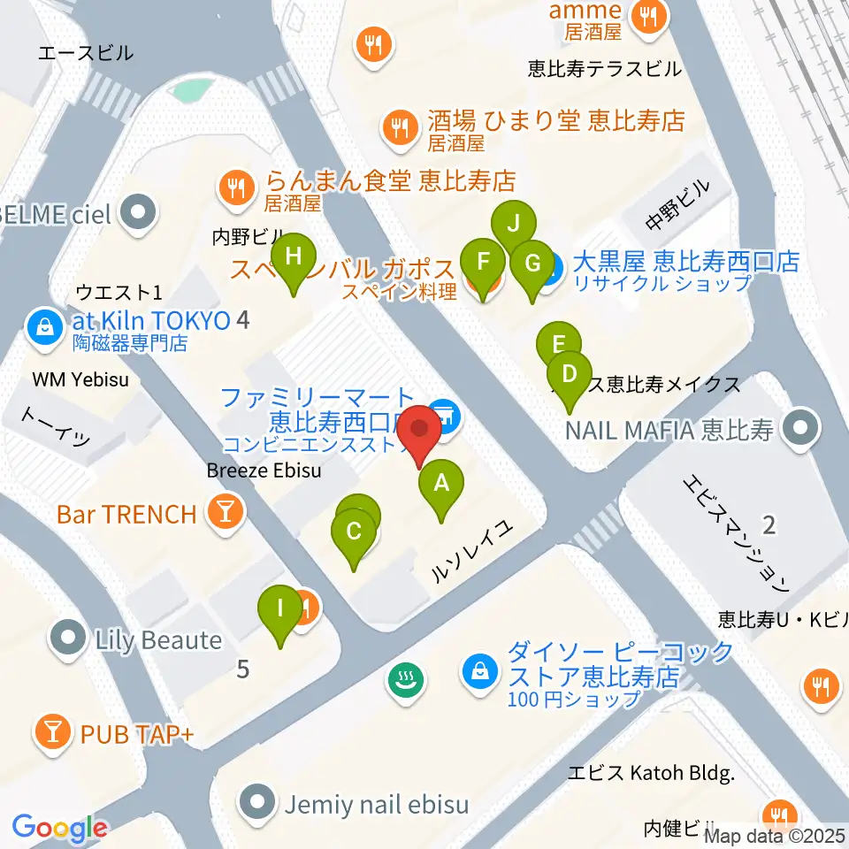 恵比寿ガウディボーカルスクール周辺のファミレス・ファーストフード一覧地図
