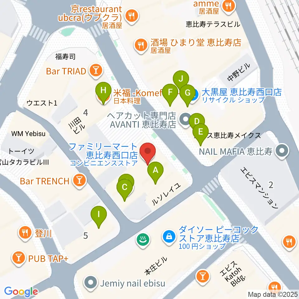 恵比寿ガウディボーカルスクール周辺のファミレス・ファーストフード一覧地図