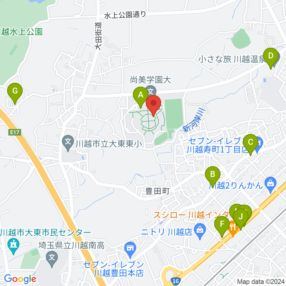 尚美学園大学周辺のファミレス・ファーストフード一覧地図