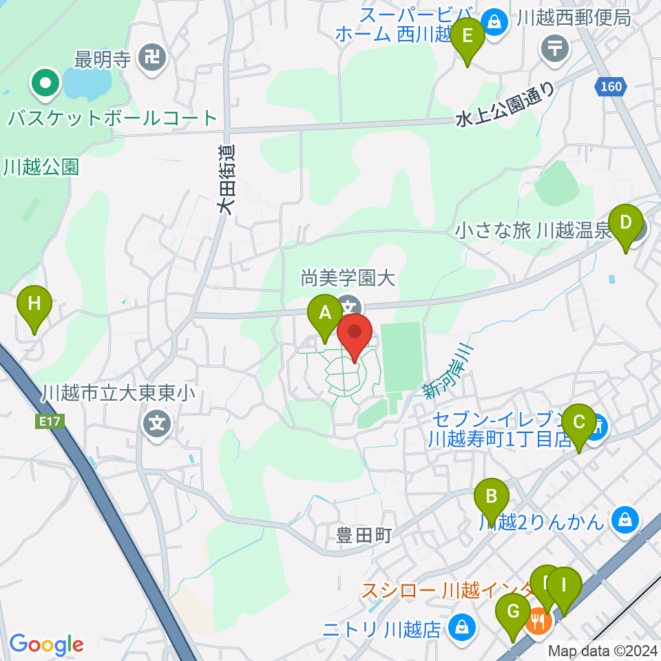 尚美学園大学周辺のファミレス・ファーストフード一覧地図