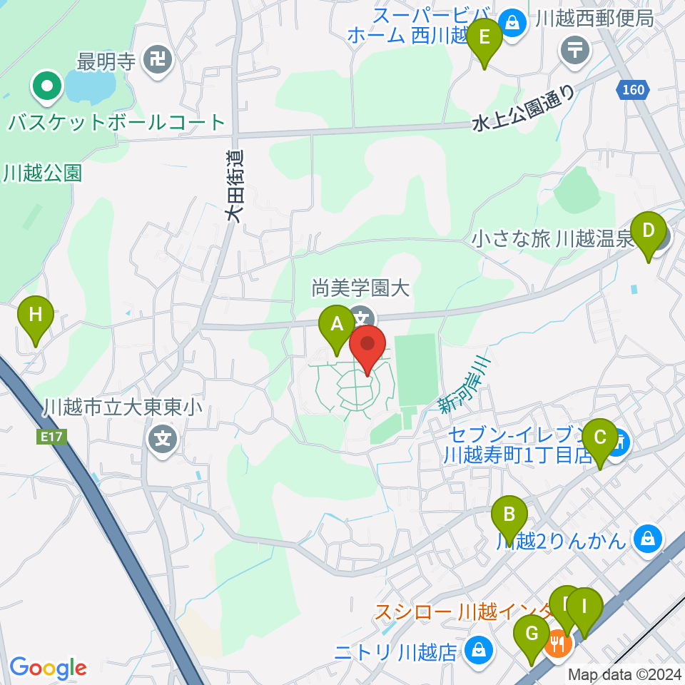 尚美学園大学周辺のファミレス・ファーストフード一覧地図