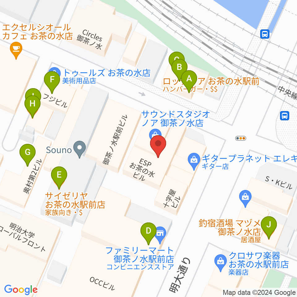 ESPギタークラフトアカデミー東京校周辺のファミレス・ファーストフード一覧地図