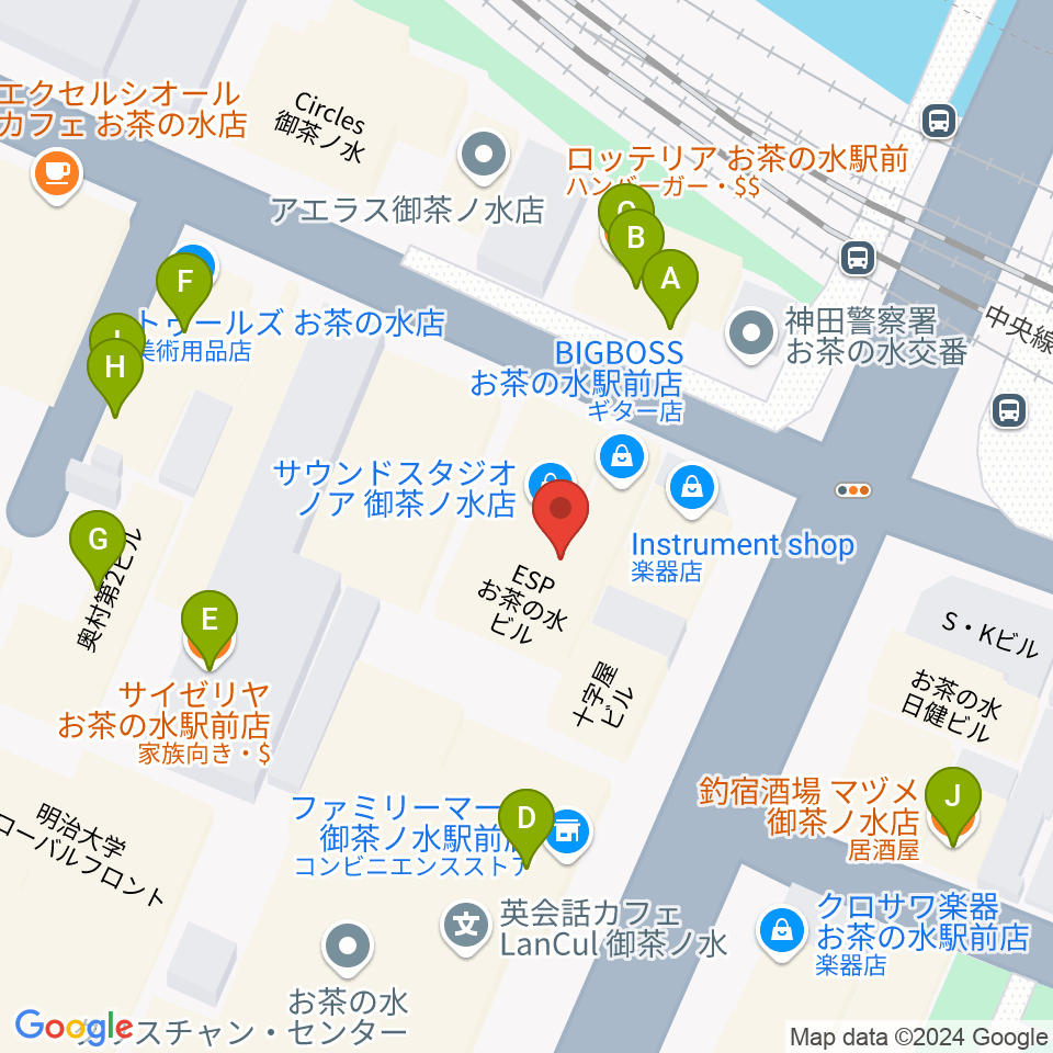 ESPギタークラフトアカデミー東京校周辺のファミレス・ファーストフード一覧地図