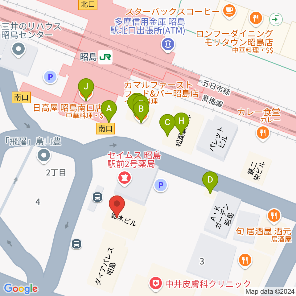 マツダミュージックアカデミー昭島駅前教室周辺のファミレス・ファーストフード一覧地図