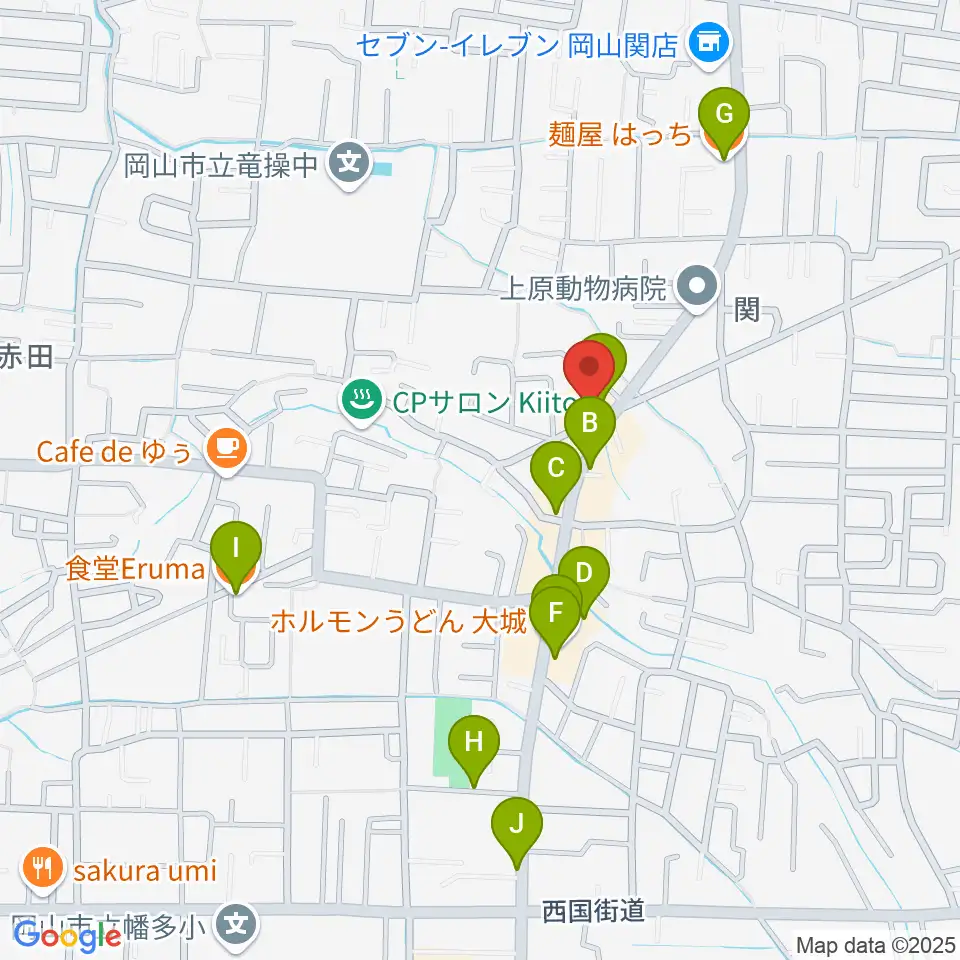 山陽こだま楽器 東岡山店周辺のファミレス・ファーストフード一覧地図