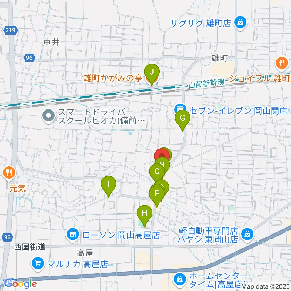 山陽こだま楽器 東岡山店周辺のファミレス・ファーストフード一覧地図