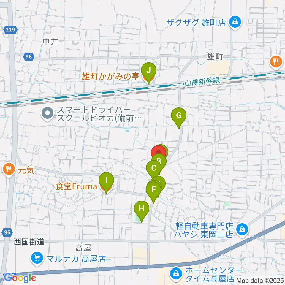 山陽こだま楽器 東岡山店周辺のファミレス・ファーストフード一覧地図