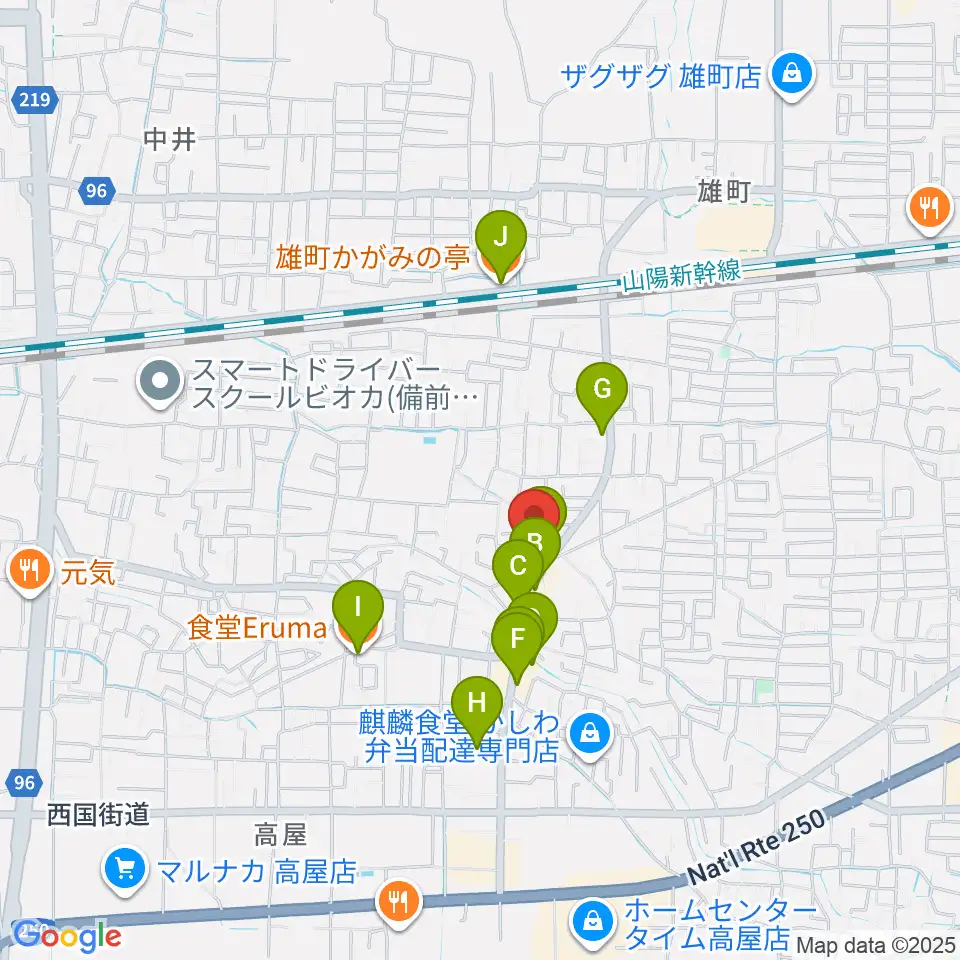 山陽こだま楽器 東岡山店周辺のファミレス・ファーストフード一覧地図