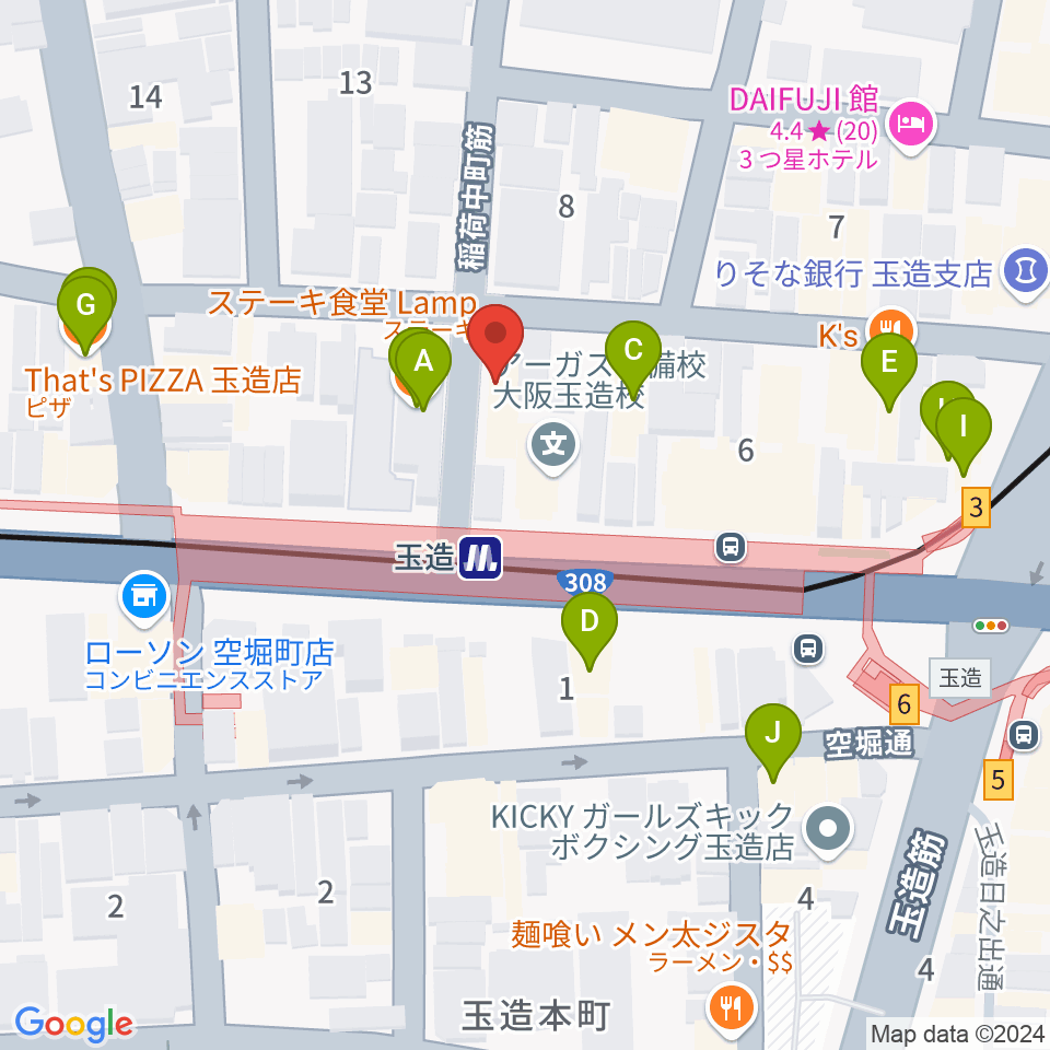 玉造ギタースクール周辺のファミレス・ファーストフード一覧地図