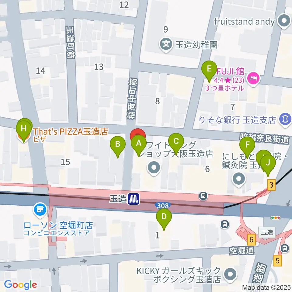 玉造ギタースクール周辺のファミレス・ファーストフード一覧地図