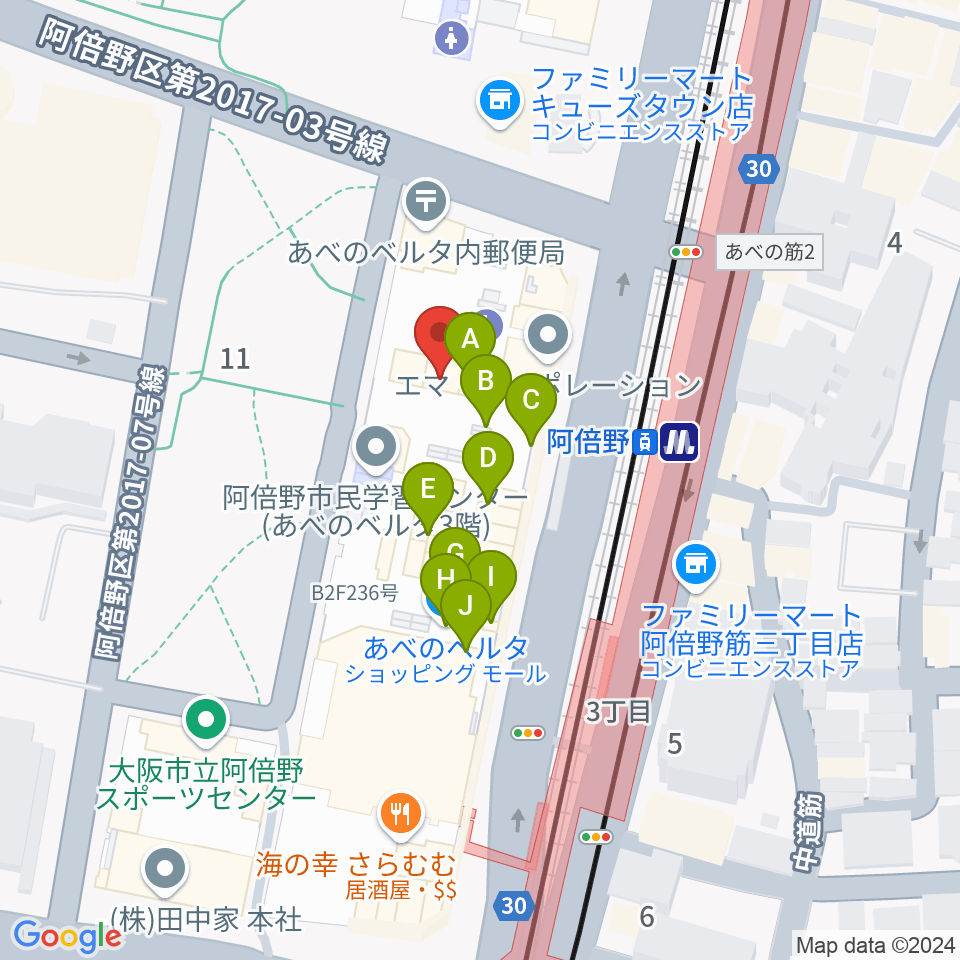 あべぷらんカルチャーわのわ周辺のファミレス・ファーストフード一覧地図