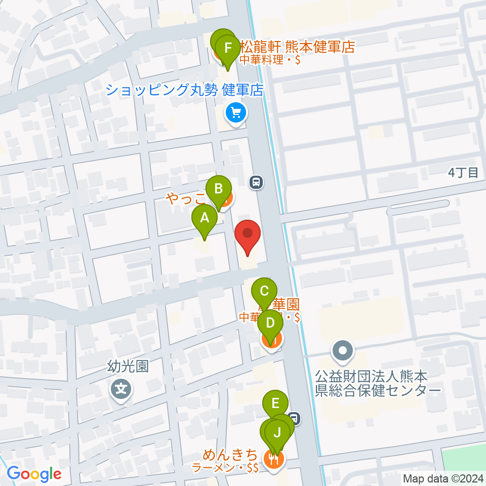 有明楽器 健軍本店周辺のファミレス・ファーストフード一覧地図