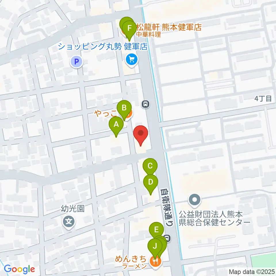有明楽器 健軍本店周辺のファミレス・ファーストフード一覧地図
