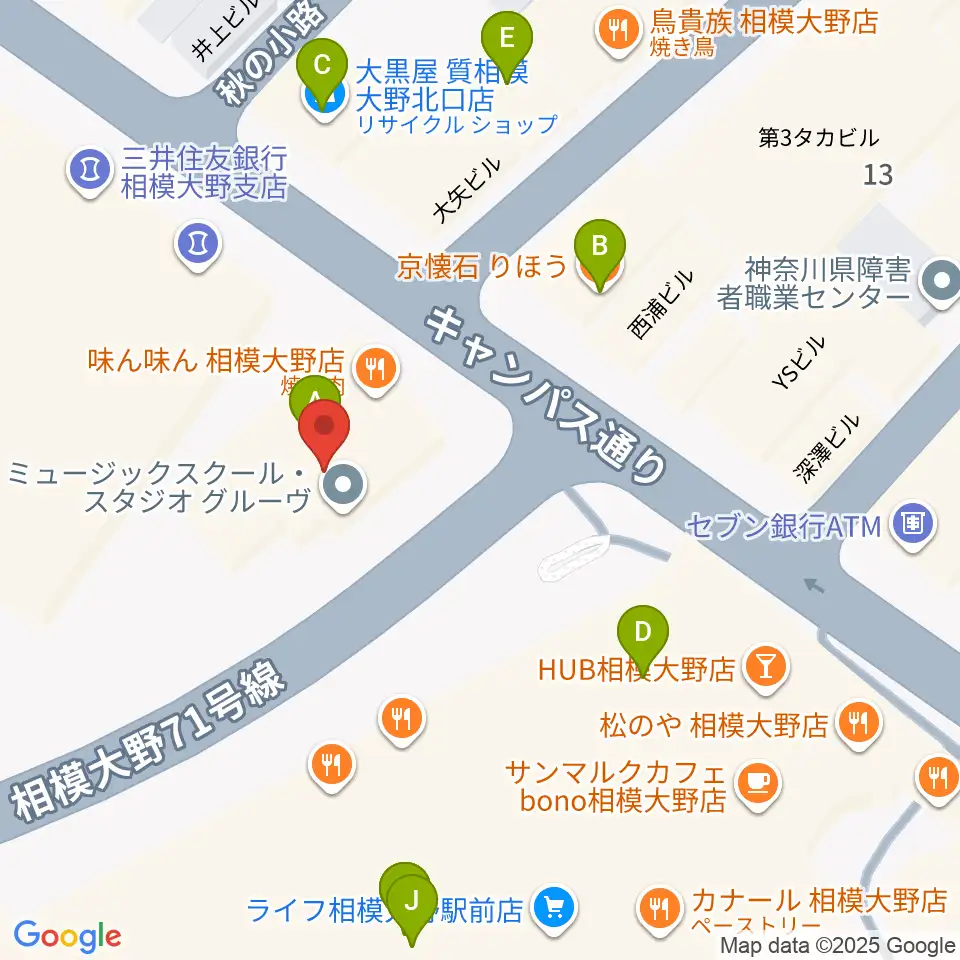 ミュージックスクール・スタジオグルーヴ周辺のファミレス・ファーストフード一覧地図